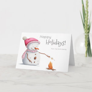 Cute Snowman Roasting Marshmallows Pink Holiday  Card