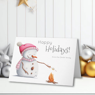 Cute Snowman Roasting Marshmallows Pink Holiday  Card