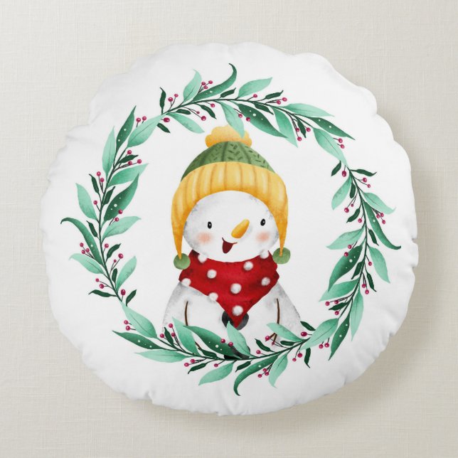 Cute Snowman Round Pillow (Front)