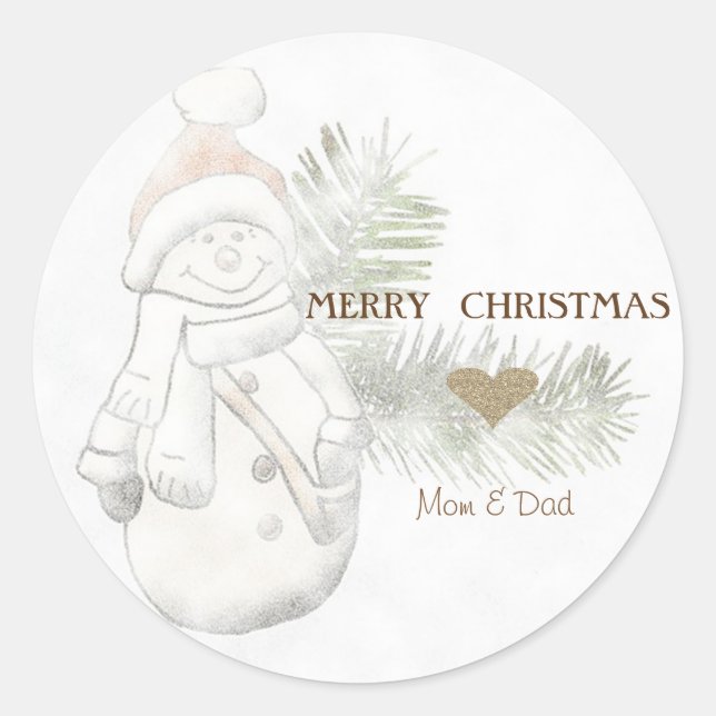 Cute Snowman,Santa Hat, Gold Heart Classic Round Sticker (Front)