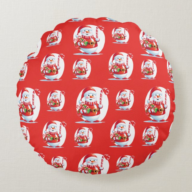 Cute Snowman Santa Xmas Sweet Candy Cane Pattern Round Cushion (Front)