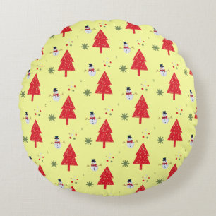 Cute snowman Santa Xmas tree Seamless pattern Round Cushion
