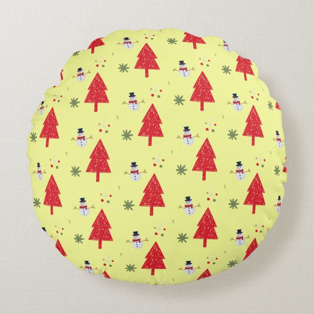 Cute snowman Santa Xmas tree Seamless pattern Round Cushion (Front)