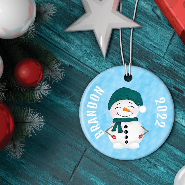 Cute Snowman Scarf Hat Christmas Ceramic Ornament (Creator Uploaded)