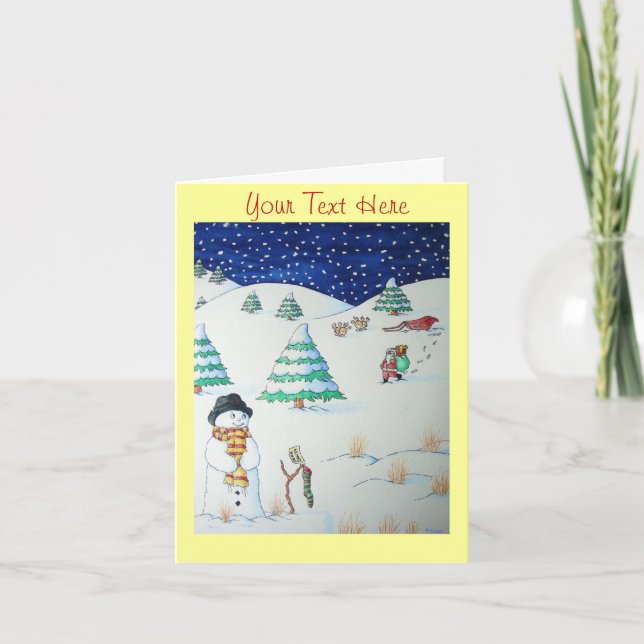 Cute snowman smiling Christmas snow scene Holiday Card (Front)