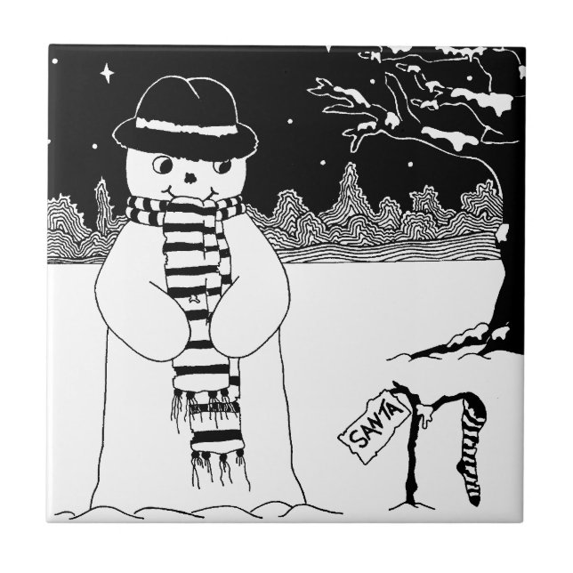 cute snowman smiling snow scene for christmas ceramic tile (Front)