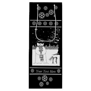 cute snowman smiling snow scene for christmas wine gift bag