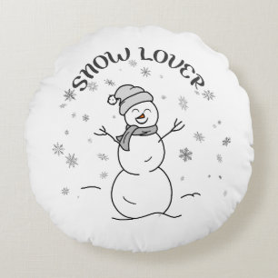 Cute Snowman SNOW LOVER Text Snowflakes Fun White  Round Cushion