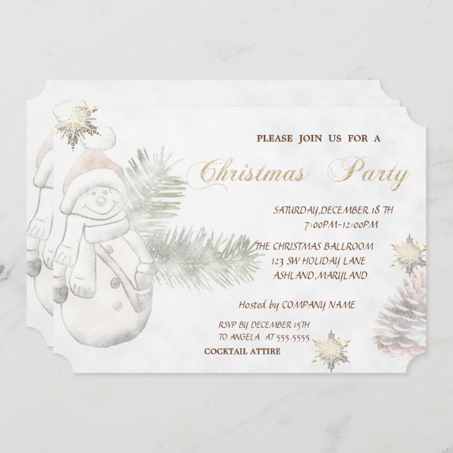 Cute Snowman, Snowflakes CorporateChristmas Party Invitation (Front/Back)