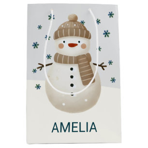 Cute Snowman Snowflakes Drawing Christmas Name Medium Gift Bag