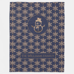 Cute Snowman Snowflakes Pattern Blue Gold Winter Fleece Blanket