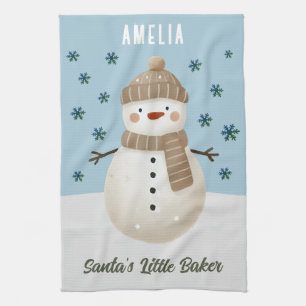 Cute Snowman Snowflakes Santa's Little Baker Kid Tea Towel