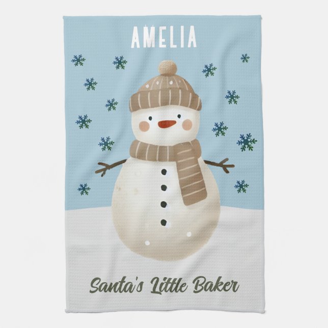 Cute Snowman Snowflakes Santa's Little Baker Kid Tea Towel (Vertical)