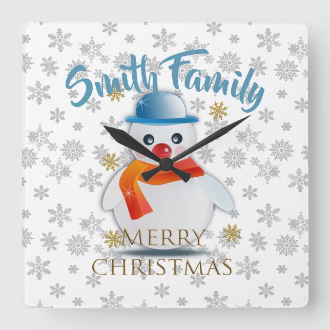 Cute Snowman Square Wall Clock (Front)