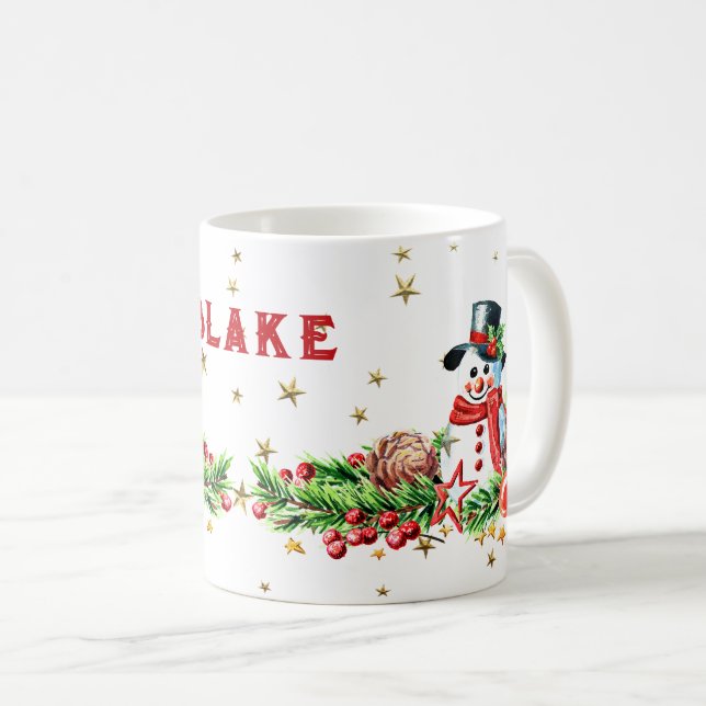 Cute Snowman Stars Custom Name Christmas Mug (Front Right)