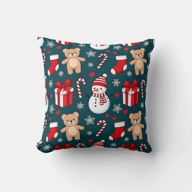 Cute Snowman & Teddy Christmas Throw Pillow (Front)