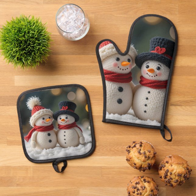 cute snowman together oven mitt & pot holder set (Top Down)
