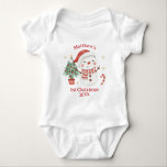 Cute Snowman Tree Candy Cane First 1st Christmas Baby Bodysuit<br><div class="desc">Celebrate your baby's first Christmas with our adorable baby bodysuit, featuring a cute snowman and a Christmas tree adorned with festive details. This cosy and soft bodysuit can be personalised with your baby's name, making it a special keepsake for this memorable occasion. Comfortable and easy to wear, it's the perfect...</div>