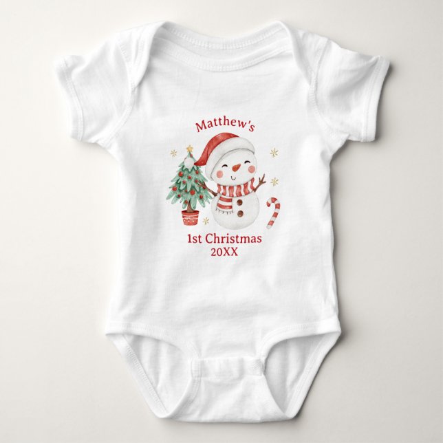 Cute Snowman Tree Candy Cane First 1st Christmas Baby Bodysuit (Front)