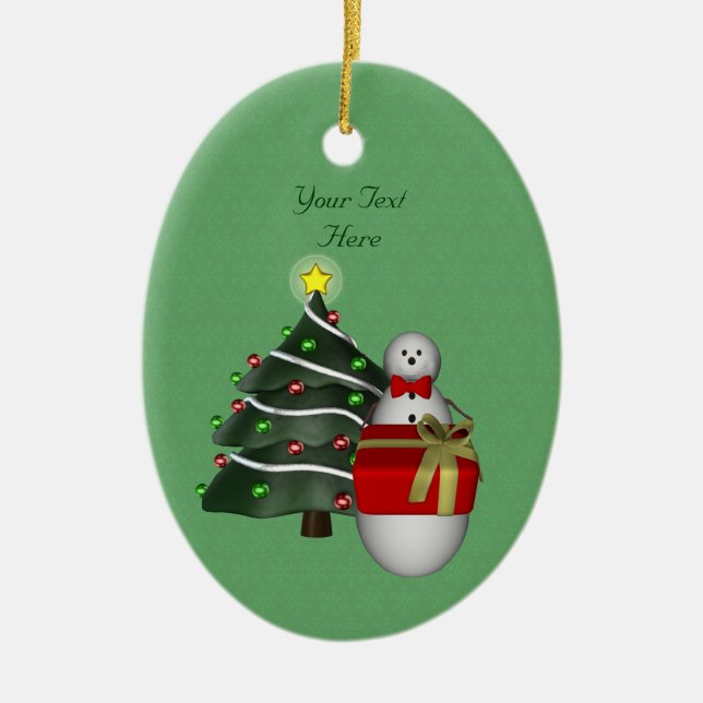 Cute Snowman Tree Holiday Customisable  Ceramic Ornament (Front)