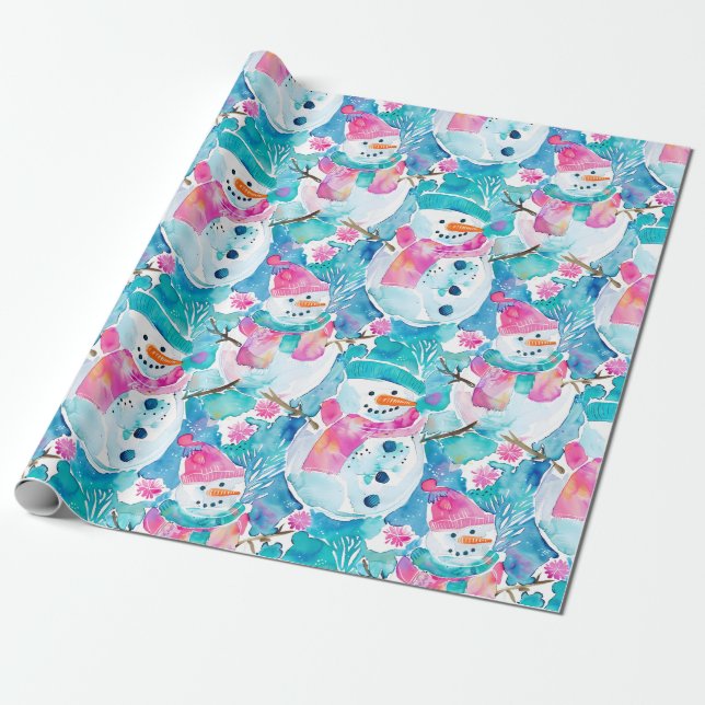 Cute snowman turquoise watercolor pattern wrapping paper (Unrolled)