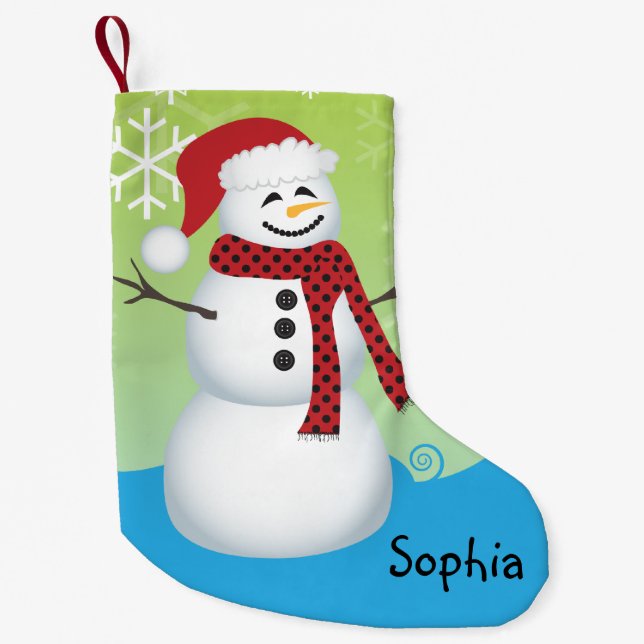 Cute Snowman Wearing A Santa Hat Personalised Small Christmas Stocking (Front)
