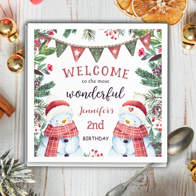 Cute Snowman Winter Christmas 2nd Birthday Napkin (Creator Uploaded)