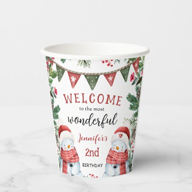 Cute Snowman Winter Christmas 2nd Birthday Paper Cups (Front)
