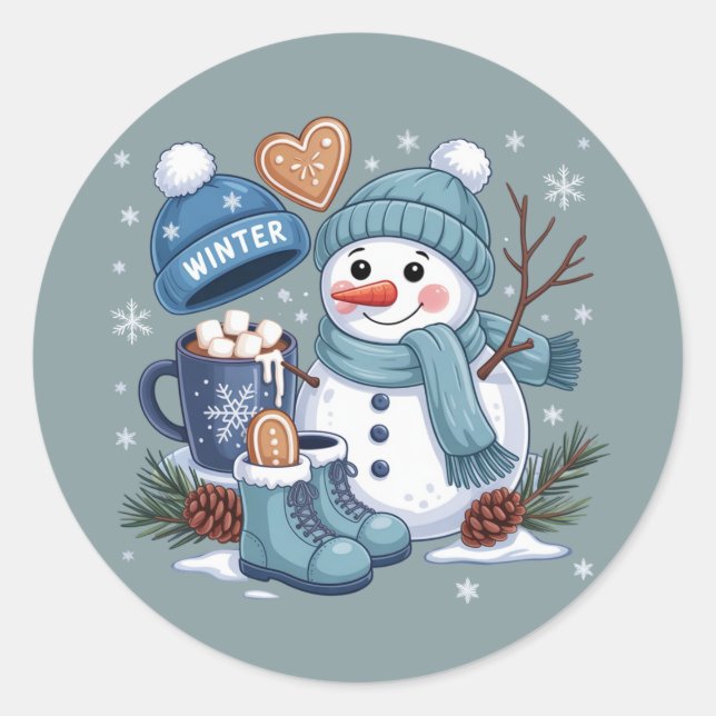 Cute Snowman Winter Season Vibes Christmas Holiday Classic Round Sticker (Front)
