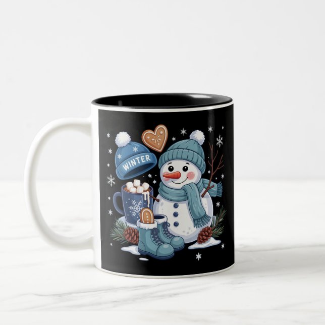 Cute Snowman Winter Season Vibes Christmas Holiday Two-Tone Coffee Mug (Left)