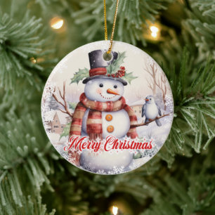 Cute snowman with bird in the snow ceramic ornament