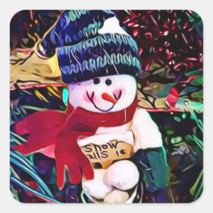 Cute Snowman with Bucket of Snowballs Christmas Square Sticker
