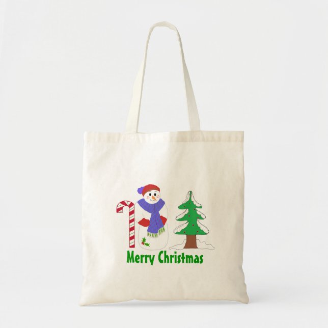 Cute Snowman with Candy Cane and Tree Tote Bag (Front)