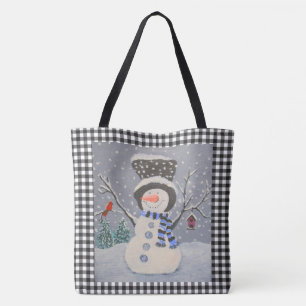 Cute Snowman With Cardinal On Black Buffalo Plaid Tote Bag