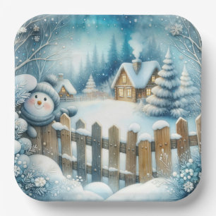 Cute Snowman With Christmas Cottage Paper Plate