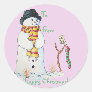 Cute snowman with Christmas stocking in the snow Classic Round Sticker