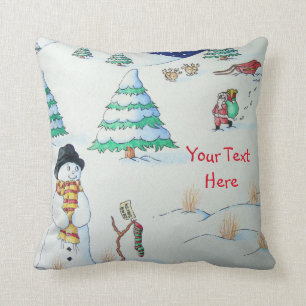 Cute snowman with Christmas stocking in the snow Cushion