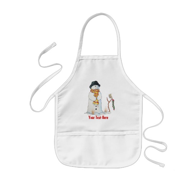 Cute snowman with Christmas stocking in the snow Kids Apron (Front)
