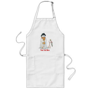 Cute snowman with Christmas stocking in the snow Long Apron