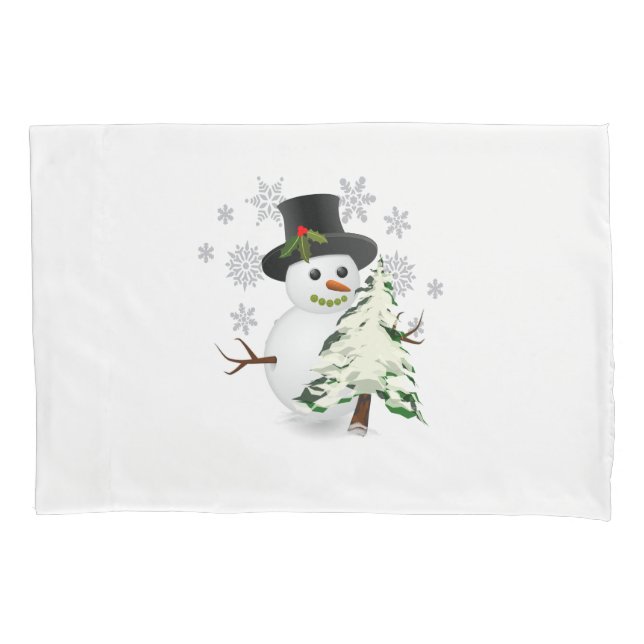 Cute Snowman with Christmas Tree Pillow Case (Front)