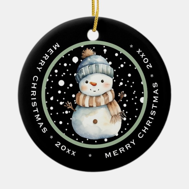 CUTE SNOWMAN WITH HAT, MERRY CHRISTMAS DATED CERAMIC ORNAMENT (Front)