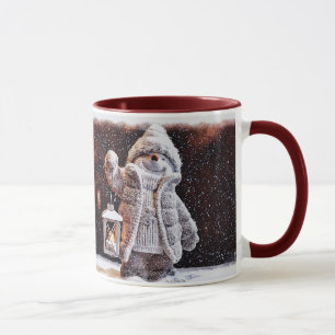 Cute snowman with lantern in the snowfall mug