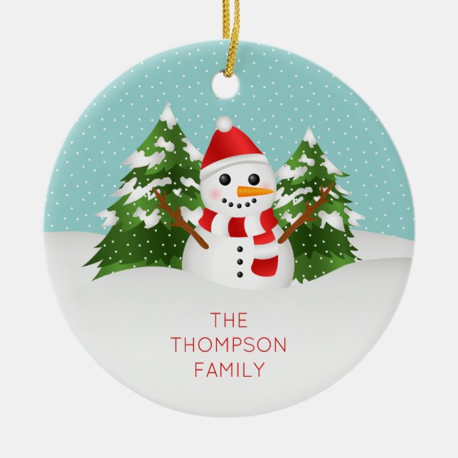 Cute Snowman With Personalizable Name Christmas Ceramic Tree Decoration (Front)