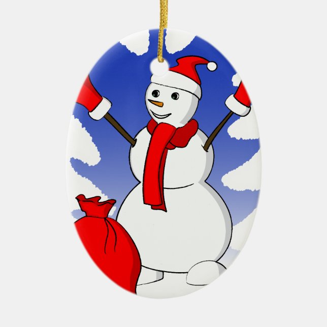 Cute snowman with red gloves and snowflakes ceramic tree decoration (Front)