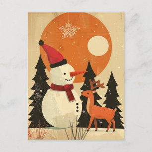 Cute Snowman with Reindeer Retro Mid Century Xmas Postcard