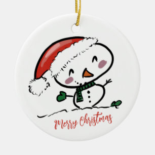 Cute Snowman with Santa Hat Ceramic Ornament