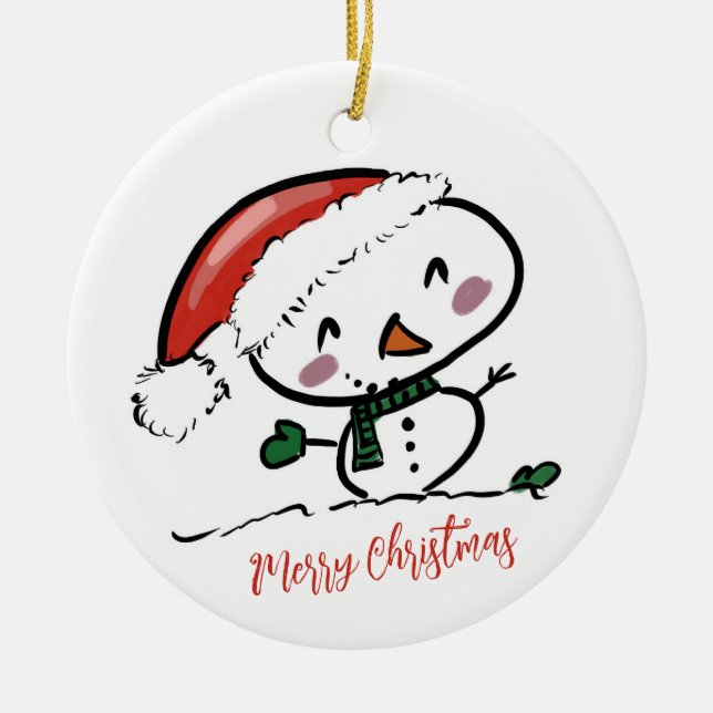 Cute Snowman with Santa Hat Ceramic Ornament (Front)
