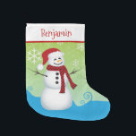 Cute Snowman with Santa Hat Large Christmas Stocking<br><div class="desc">This adorable Christmas stocking offers a graphic of a snowman wearing a Santa Hat. The background is bright green and blue and is accented with snowflakes. Personalise this holiday stocking for any child.</div>