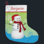 Cute Snowman with Santa Hat Large Christmas Stocking<br><div class="desc">This adorable Christmas stocking offers a graphic of a snowman wearing a Santa Hat. The background is bright green and blue and is accented with snowflakes. Personalise this holiday stocking for any child.</div>