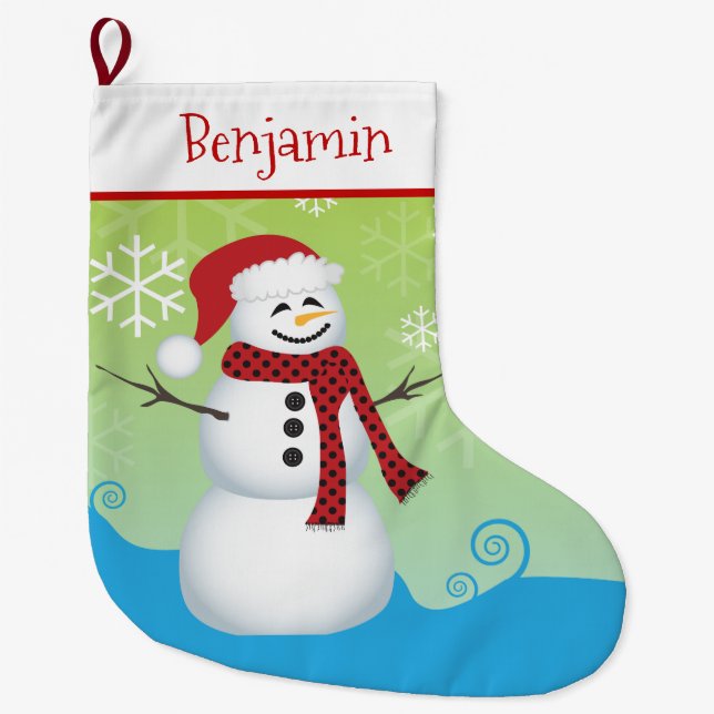 Cute Snowman with Santa Hat Large Christmas Stocking (Front)